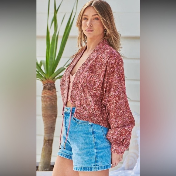 Free People Rosalina Tie‎ Front Jacket Barbie Core Cropped Paisley Mocha Convo M - Picture 6 of 16